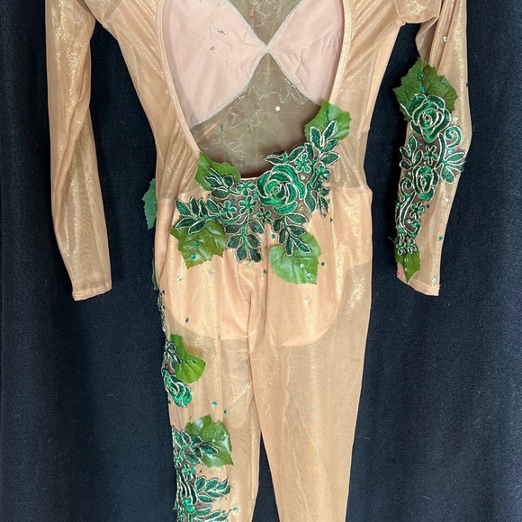 Dance Costume - Adult XS Tan/Nude Unitard w/ shimmer mesh and leaves - Picture 3 of 3
